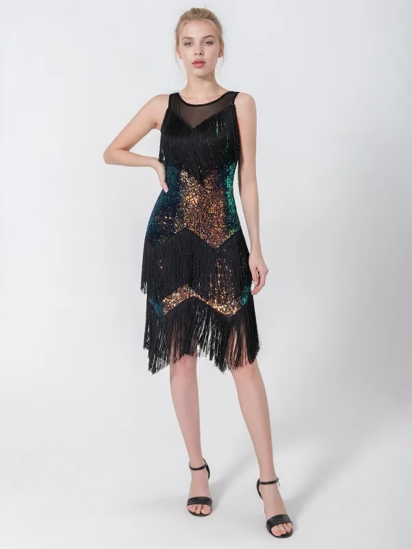 Black 1920s Beading Sleeveless Fringed Hem Dress sold by Retro Stage