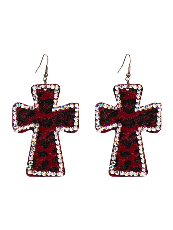 Leopard Rhinestones Cross Pendant Earrings sold by Retro Stage