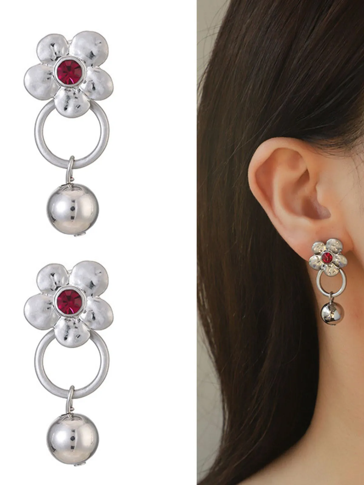 Silver & Red Rhinestone Flower Bell Earrings sold by Retro Stage product image thumbnail 2