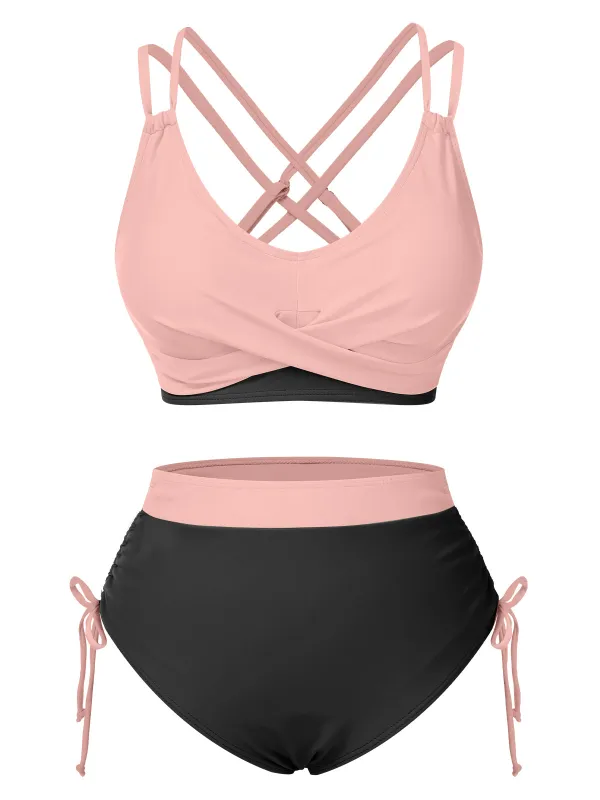 2PCS 1950s Solid Knot Patchwork Bikini Set sold by Retro Stage