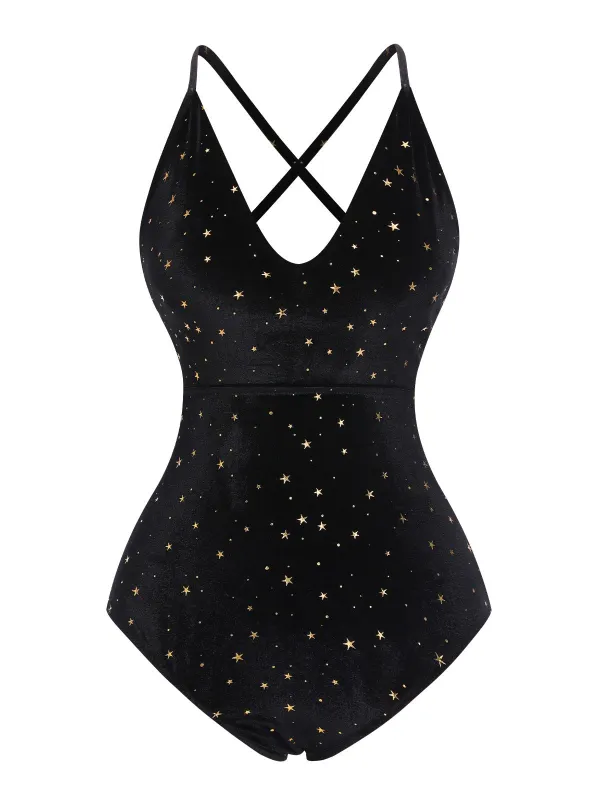 Black 1960s Velvet Back Cross Straps Swimsuit sold by Retro Stage
