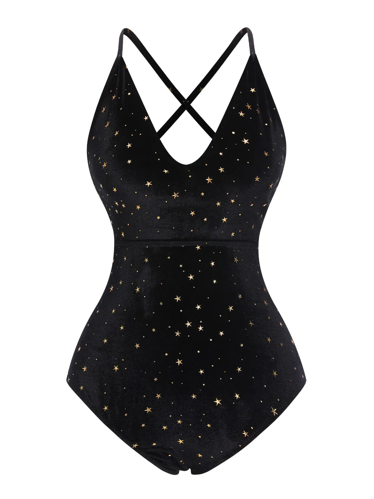 Black 1960s Velvet Back Cross Straps Swimsuit sold by Retro Stage