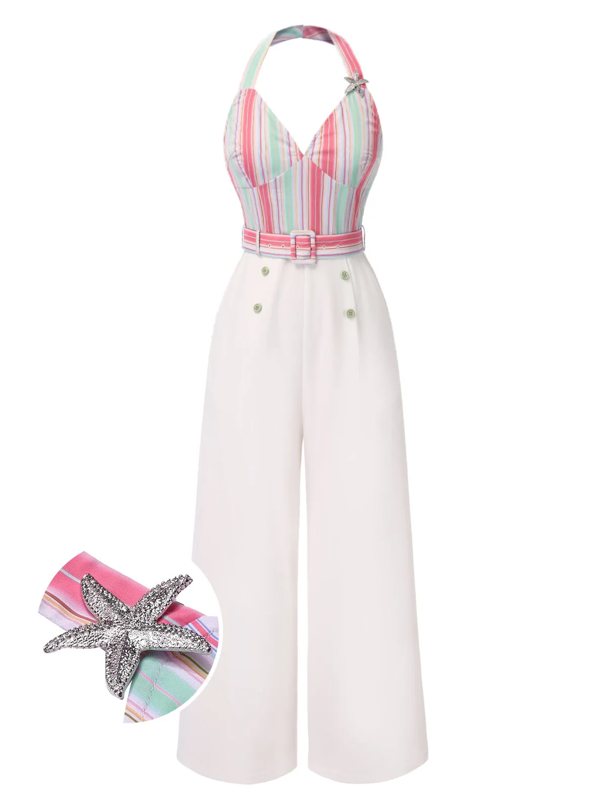 1950s Halter Starfish Colorful Stripes Belted Jumpsuit sold by Retro Stage