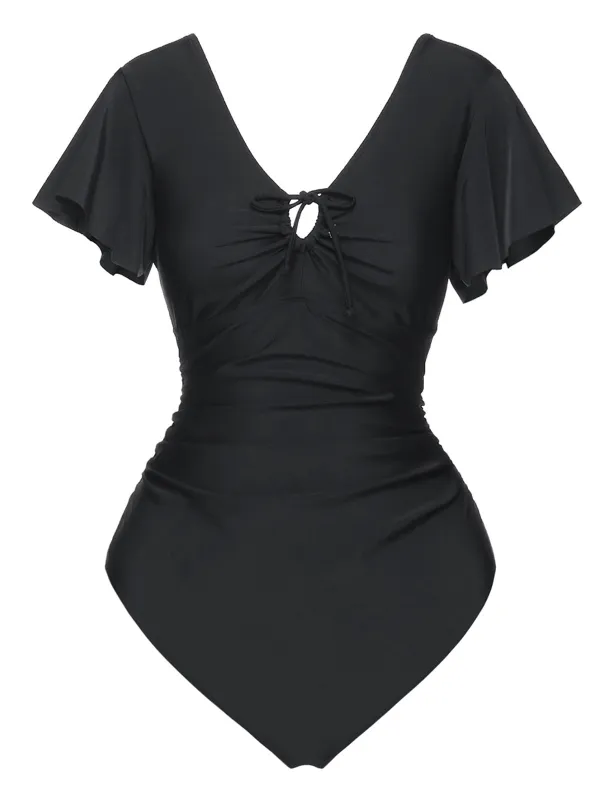 Black 1940s Solid Ruffle Sleeves One-Piece Swimsuit sold by Retro Stage