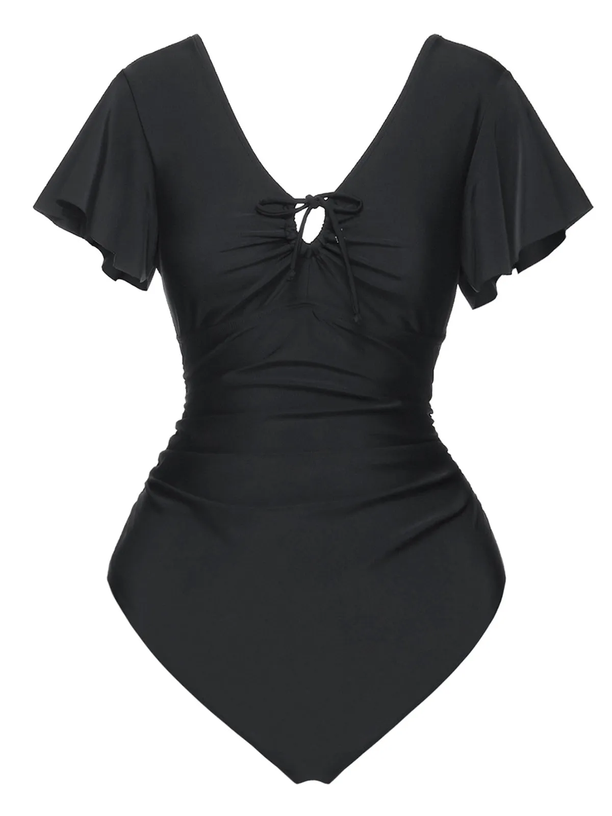 Black 1940s Solid Ruffle Sleeves One-Piece Swimsuit sold by Retro Stage