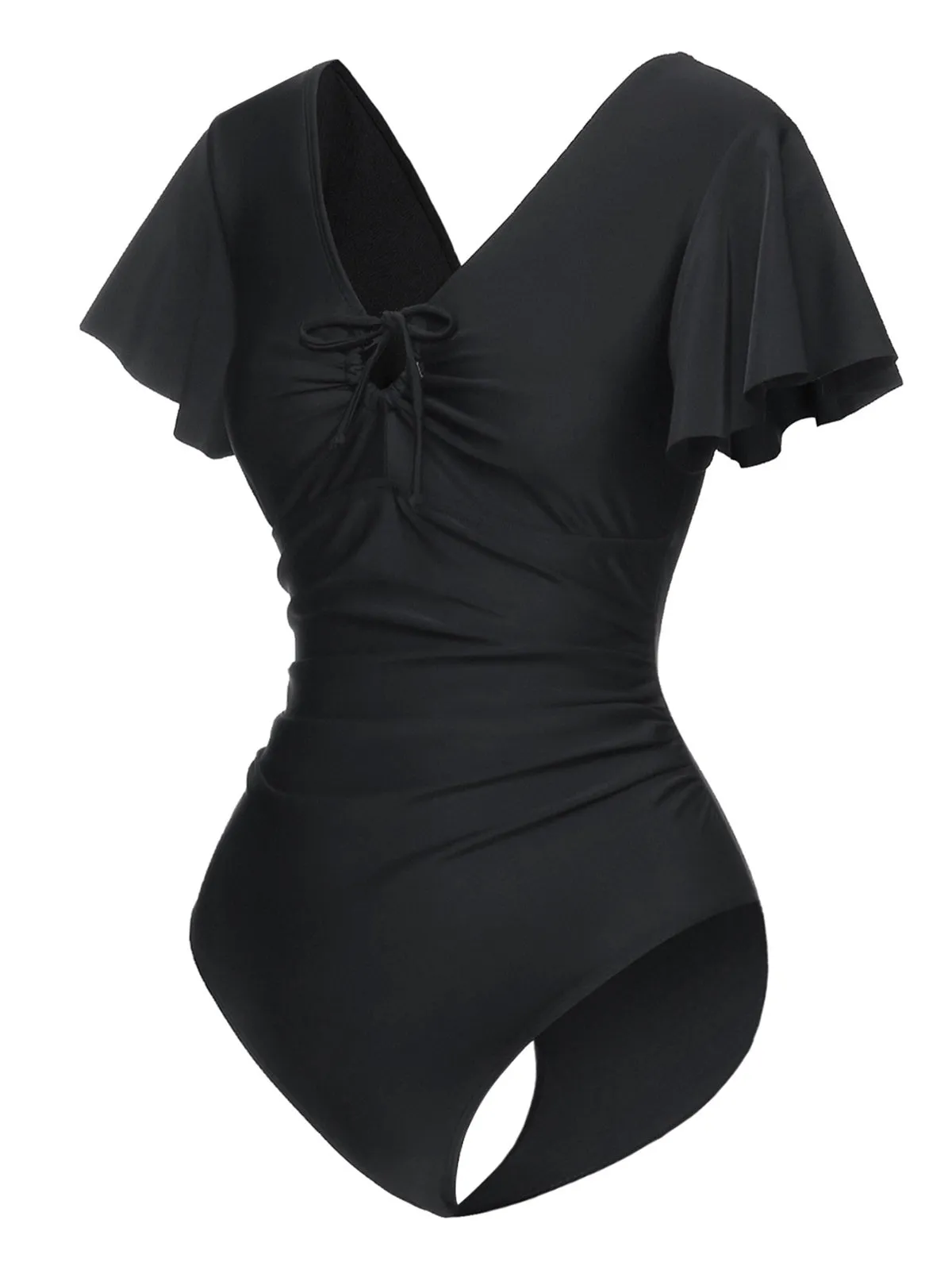 Black 1940s Solid Ruffle Sleeves One-Piece Swimsuit sold by Retro Stage product image thumbnail 2