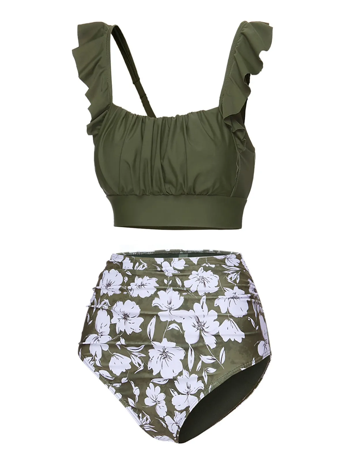 Green 1950s Floral Ruffles Pleated Swimsuit sold by Retro Stage product image thumbnail 2