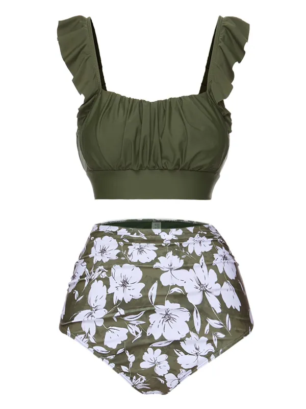 Green 1950s Floral Ruffles Pleated Swimsuit sold by Retro Stage
