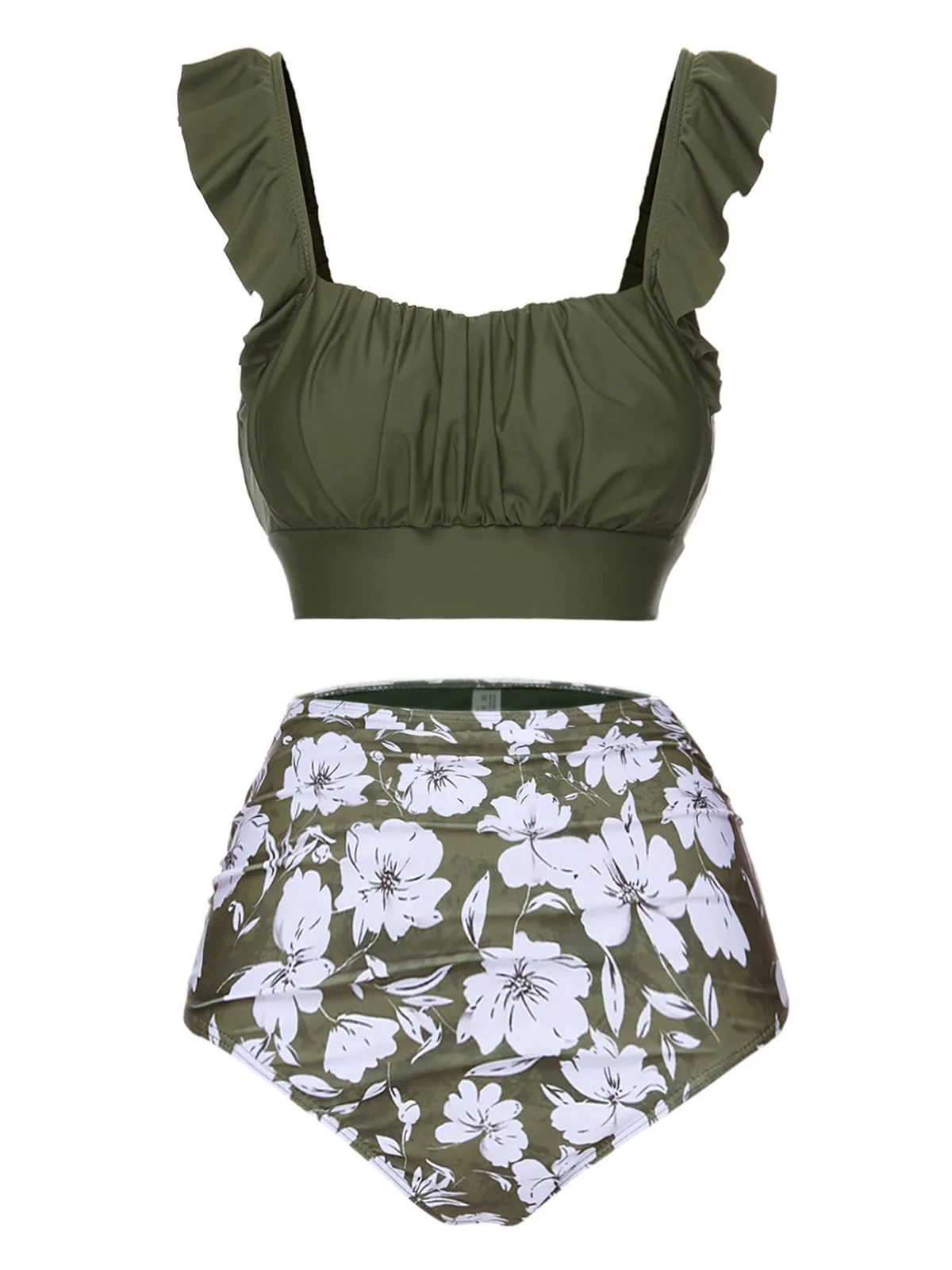 Green 1950s Floral Ruffles Pleated Swimsuit sold by Retro Stage