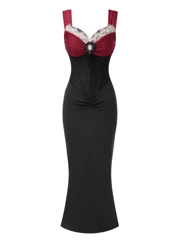Wine Red 1930s Contrast Fishbone Mermaid Dress sold by Retro Stage