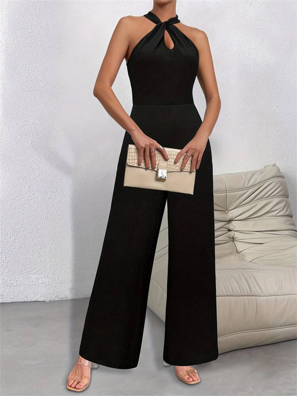 Black 1930s Solid Halter Sleeveless Jumpsuit sold by Retro Stage product image thumbnail 3