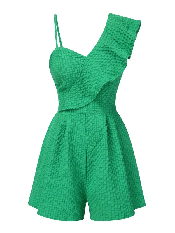 Green 1950s Suspender Ruffle Sleeves Textured Romper sold by Retro Stage