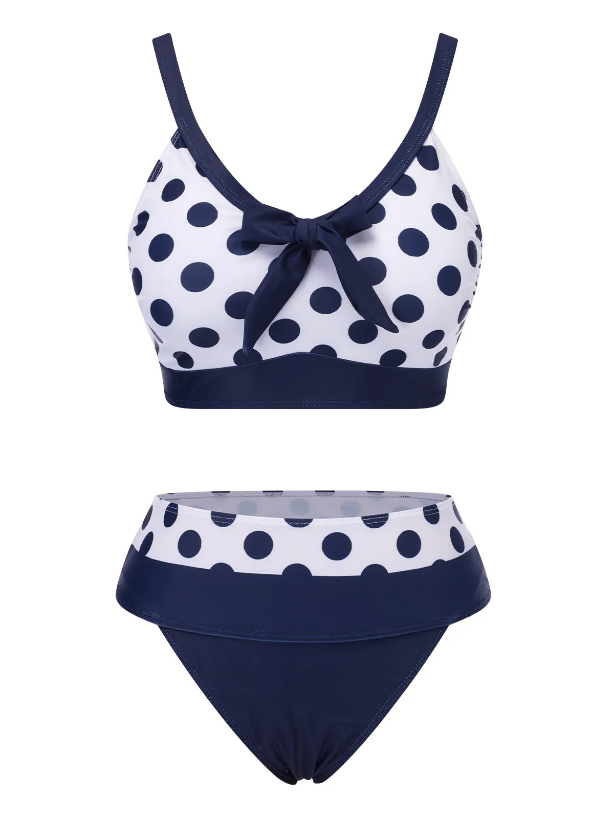 Dark Blue 1950s Polka Dot Bow Patchwork Bikini Set sold by Retro Stage