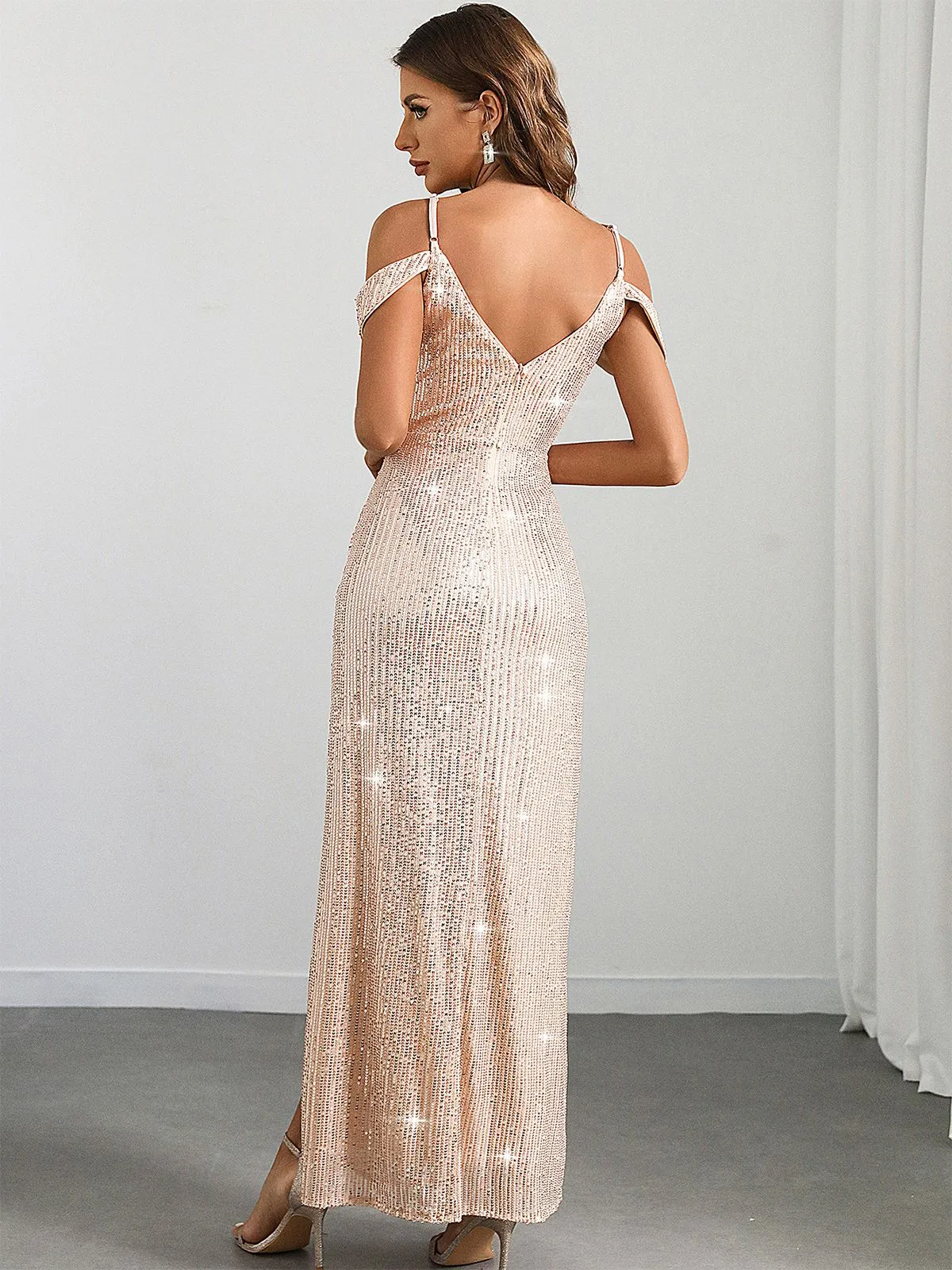 Champagne 1930s Sequin Cold-Shoulder Mermaid Long Dress sold by Retro Stage product image thumbnail 5
