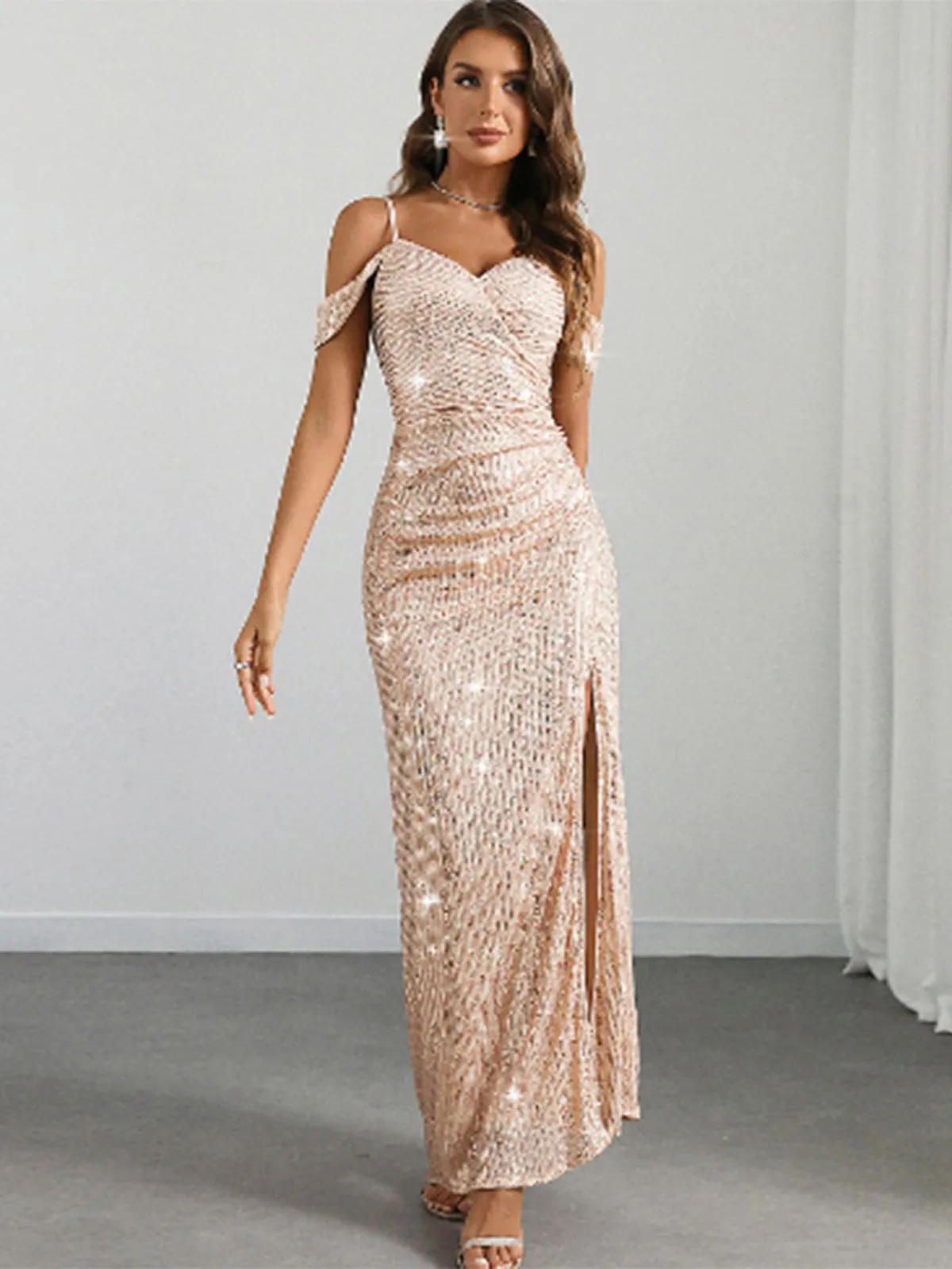 Champagne 1930s Sequin Cold-Shoulder Mermaid Long Dress sold by Retro Stage product image thumbnail 2
