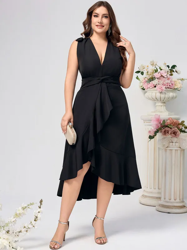 [Plus Size] Black 1950s V-Neck Ruffles Dress sold by Retro Stage