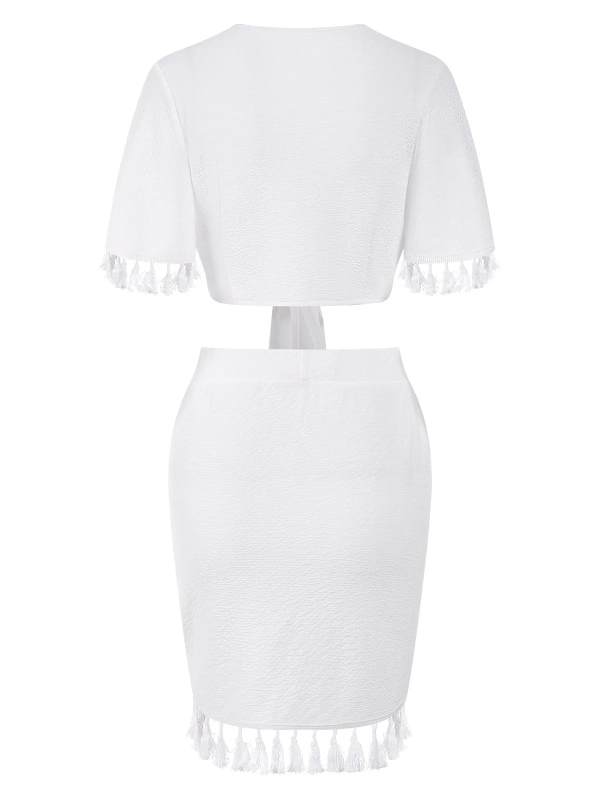 2PCS White 1960s Solid Tassels Bind Top & Pencil Skirt sold by Retro Stage product image thumbnail 2