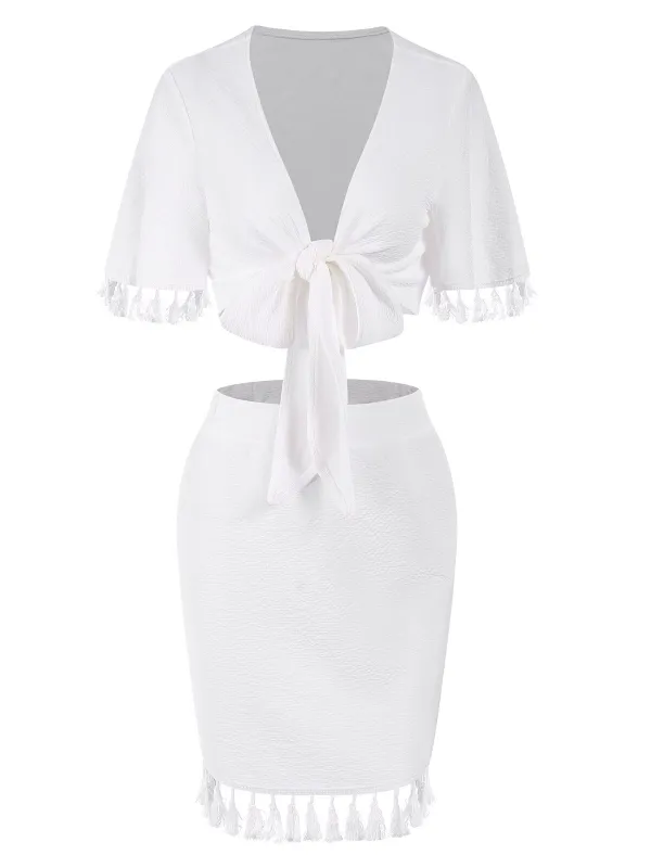 2PCS White 1960s Solid Tassels Bind Top & Pencil Skirt sold by Retro Stage