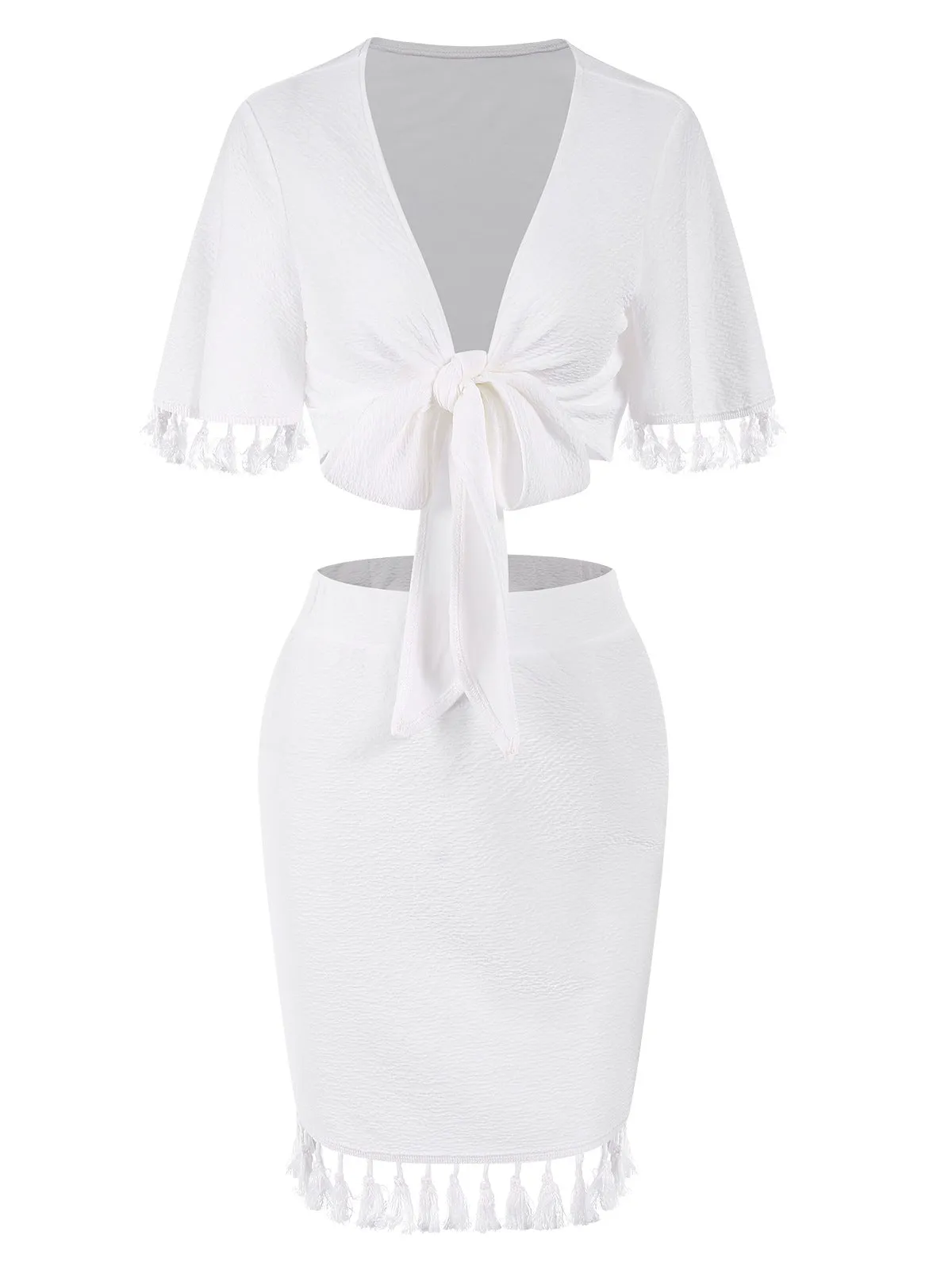 2PCS White 1960s Solid Tassels Bind Top & Pencil Skirt sold by Retro Stage