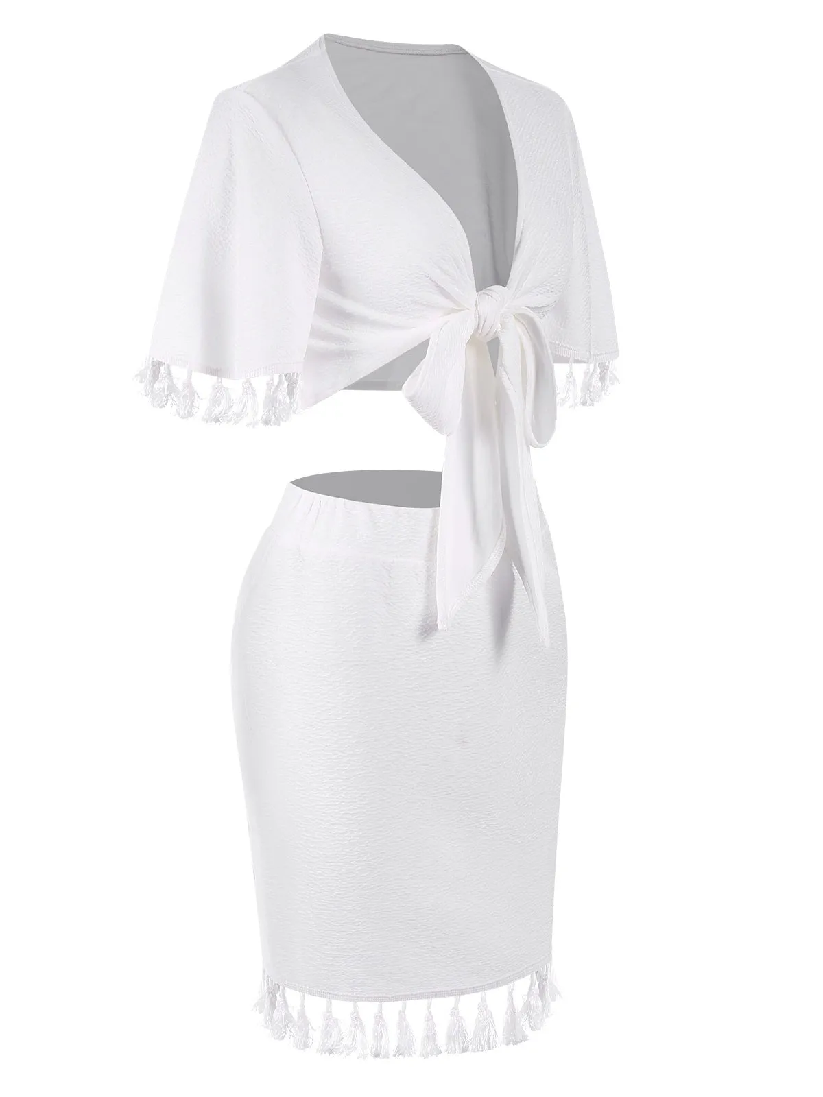 2PCS White 1960s Solid Tassels Bind Top & Pencil Skirt sold by Retro Stage product image thumbnail 3