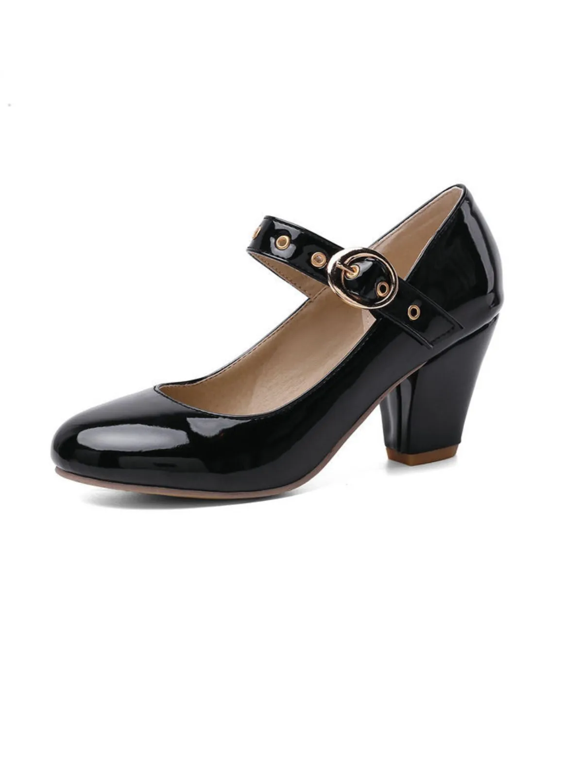 Round Toe Patent Leather Buckle High Heels sold by Retro Stage