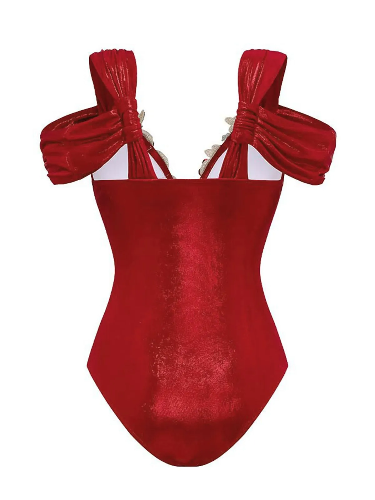 Red 1950s Off-Shoulder 3D Floral One-Piece Swimsuit sold by Retro Stage product image thumbnail 2