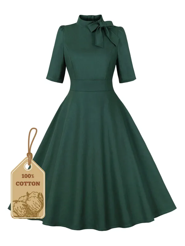 Green 1950s Cotton Tie Elbow Sleeves Dress sold by Retro Stage