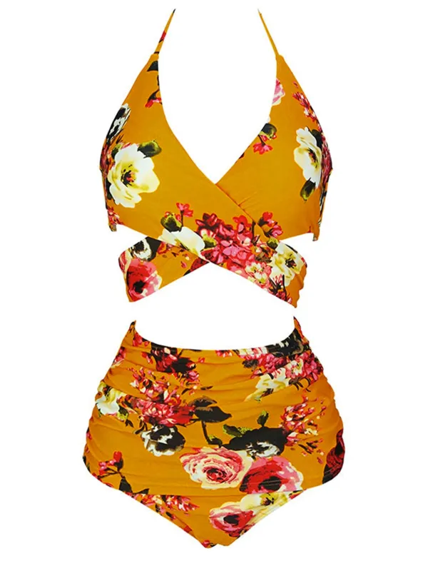 Orange 1930s Floral Cross Bind Halter Swimsuit sold by Retro Stage