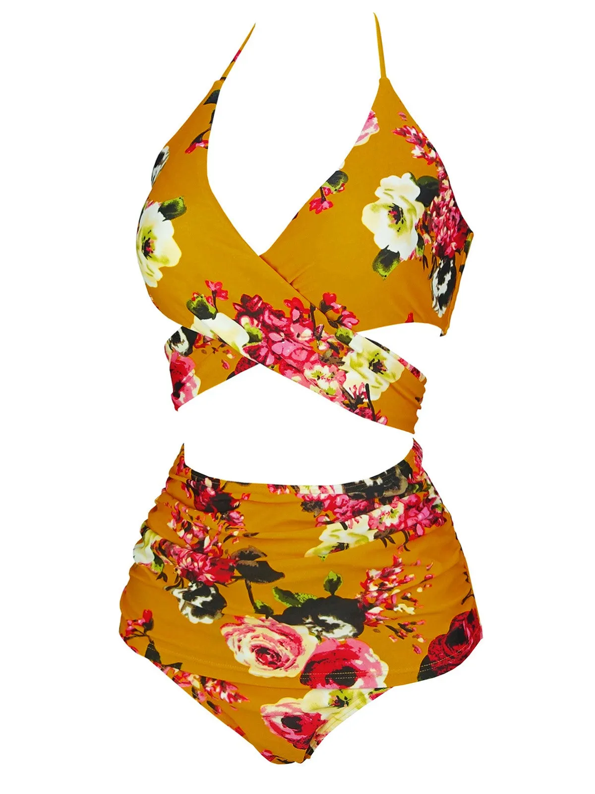 Orange 1930s Floral Cross Bind Halter Swimsuit sold by Retro Stage product image thumbnail 2