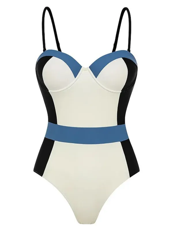 1940s Spaghetti Strap Color Block One-Piece Swimsuit sold by Retro Stage
