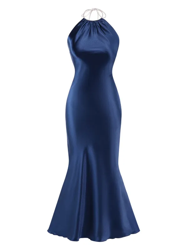 Dark Blue 1930s Satin Halter Mermaid Dress sold by Retro Stage