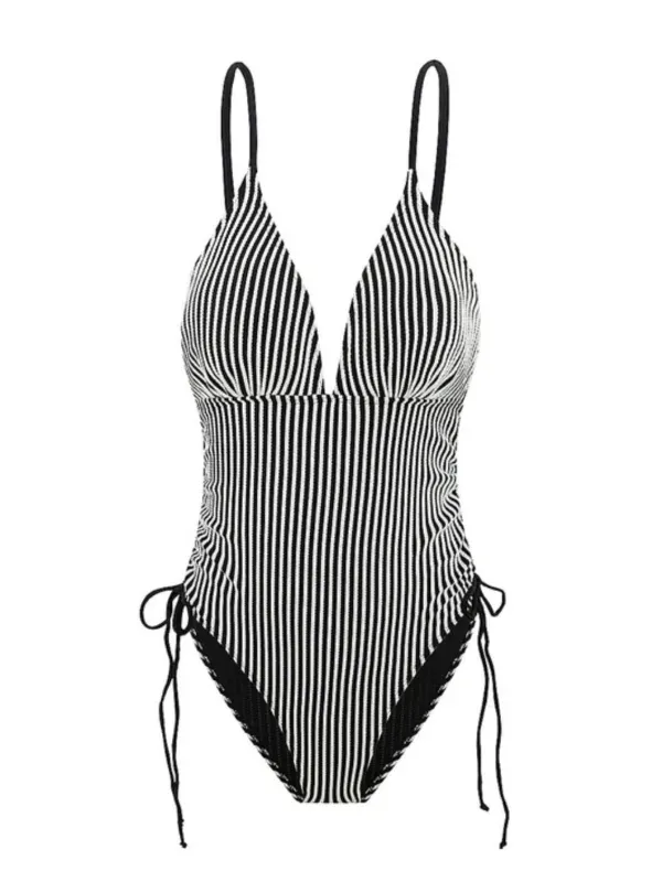1960s Spaghetti Strap Contrast Stripes One-Piece Swimsuit made by Retro Stage