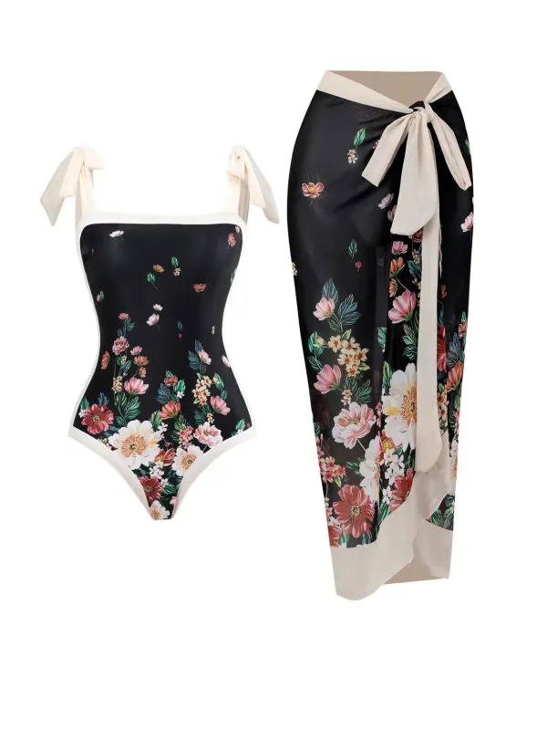 Black 1940s Strap Bow Floral Swimsuit & Cove-Up sold by Retro Stage