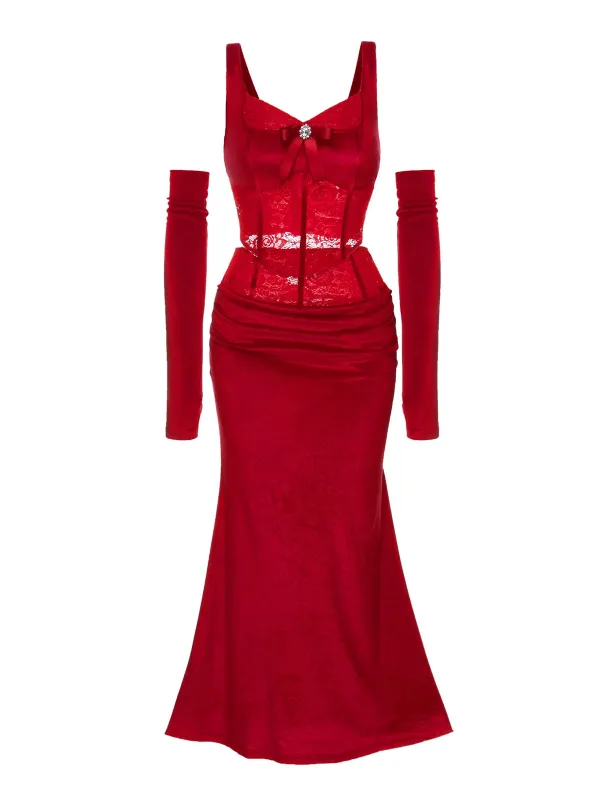 2PCS Red 1930s Velvet Lace Patchwork Top & Skirt sold by Retro Stage