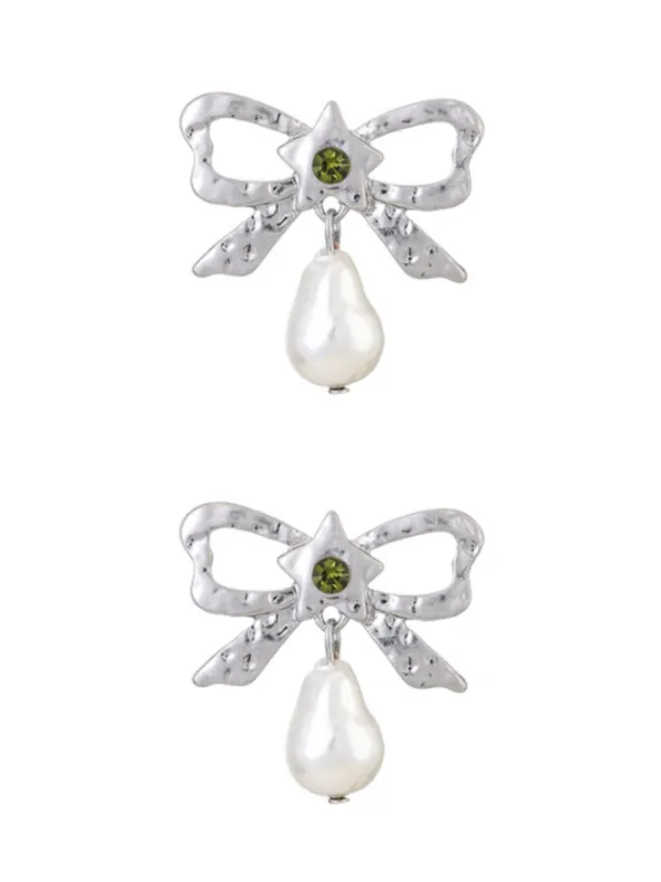 Silver Bow Star Pearl Drop Earrings sold by Retro Stage