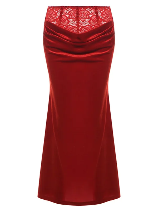 Red 1930s Velvet Lace Mermaid Skirt sold by Retro Stage