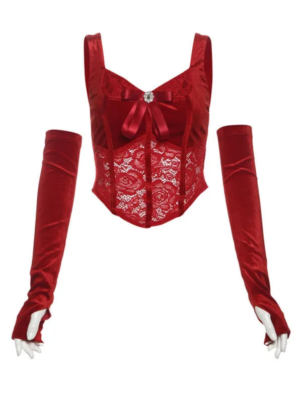 Red 1930s Velvet Lace Tank Top With Gloves sold by Retro Stage