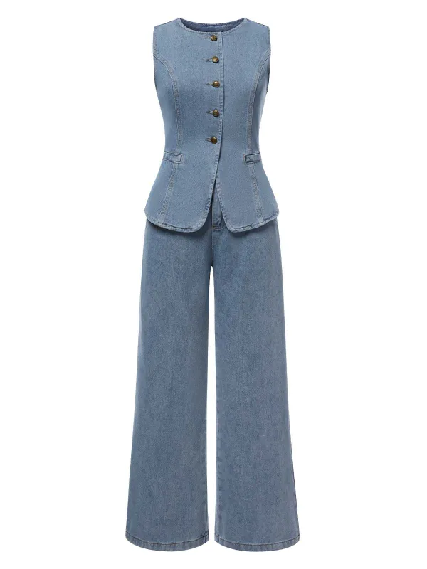2PCS Blue 1940s Sleeveless Vest & Wide-Leg Denim Jeans sold by Retro Stage