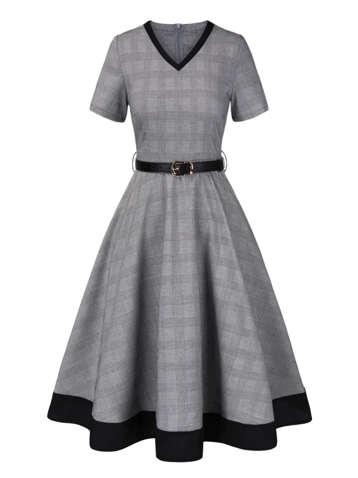 Grey 1950s Plaid V-Neck Belted Dress sold by Retro Stage product image thumbnail 3