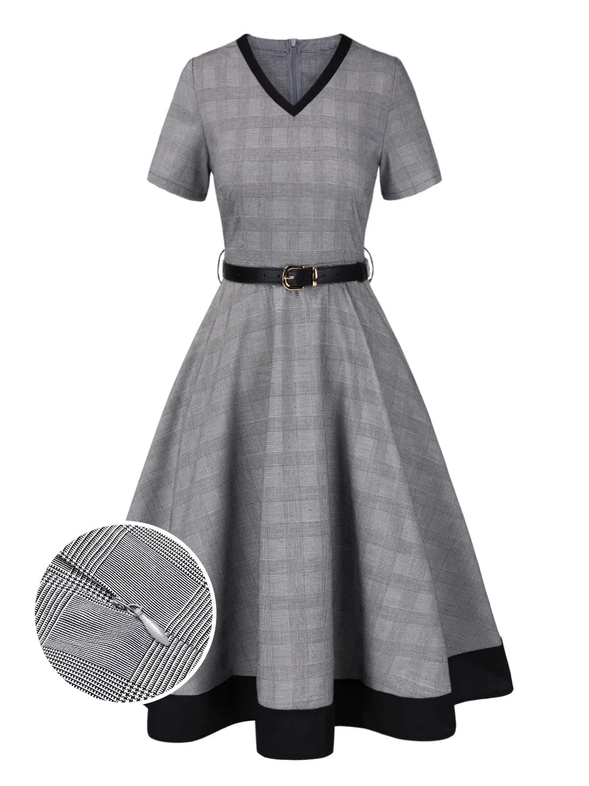 Grey 1950s Plaid V-Neck Belted Dress sold by Retro Stage product image thumbnail 2