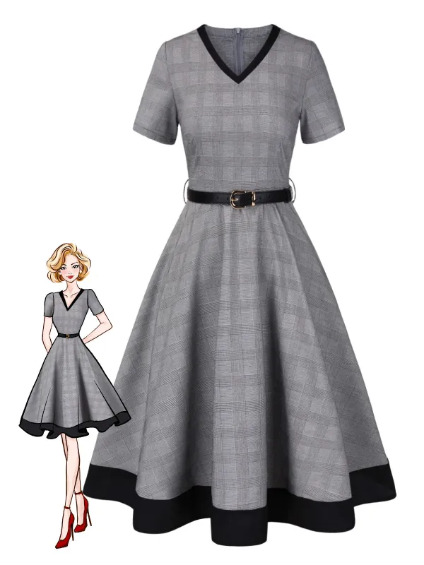Grey 1950s Plaid V-Neck Belted Dress sold by Retro Stage