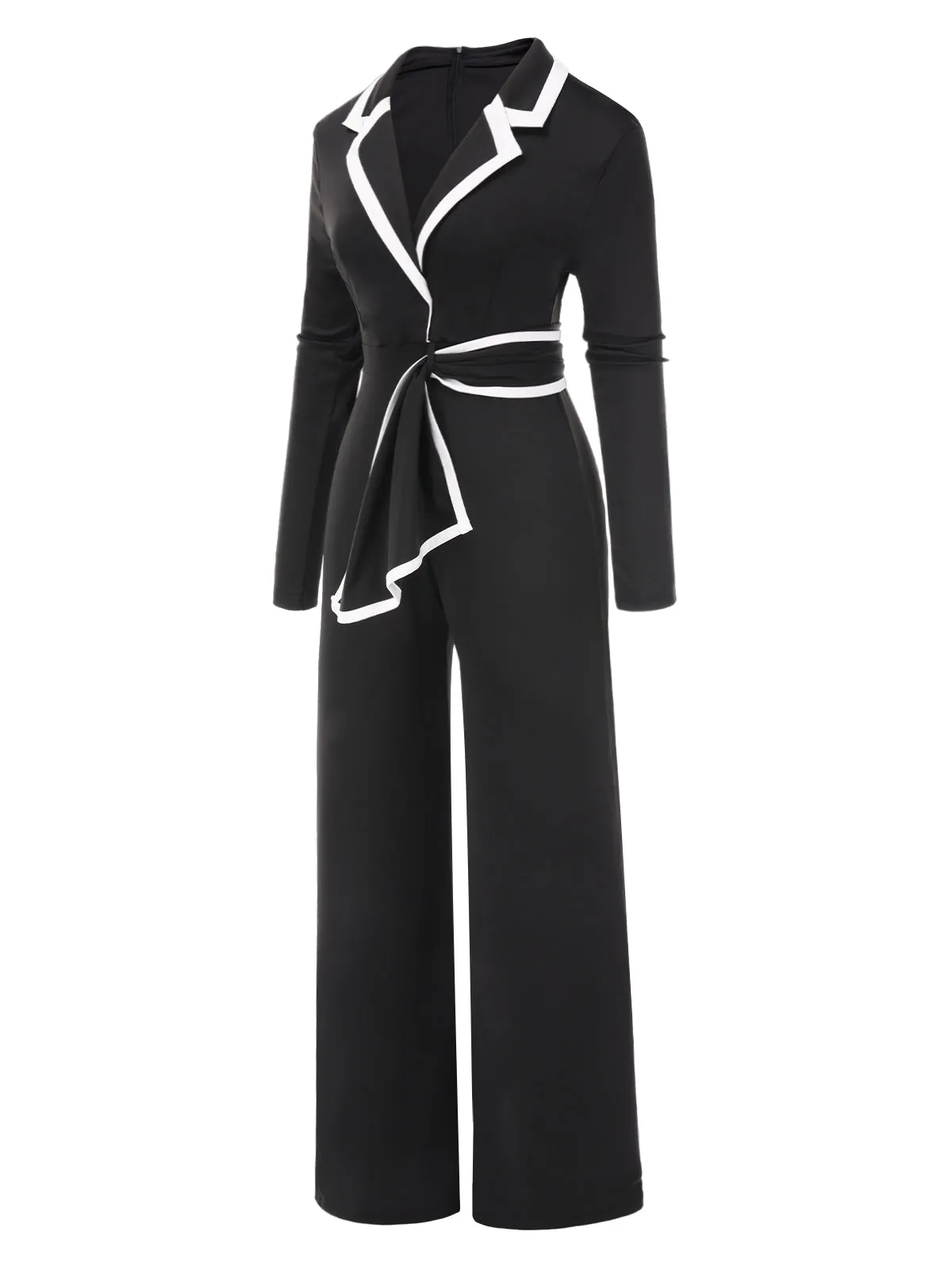 Black 1970s Lapel Color Block Belted Jumpsuit sold by Retro Stage product image thumbnail 2
