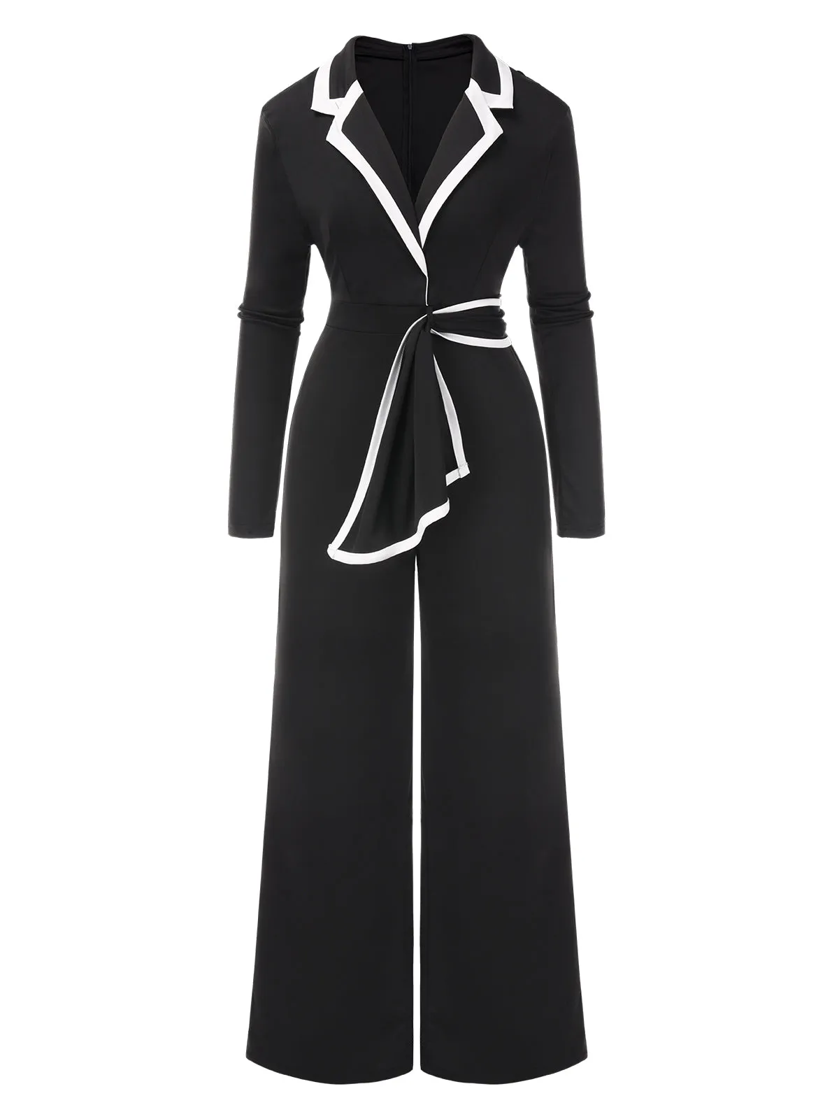 Black 1970s Lapel Color Block Belted Jumpsuit sold by Retro Stage