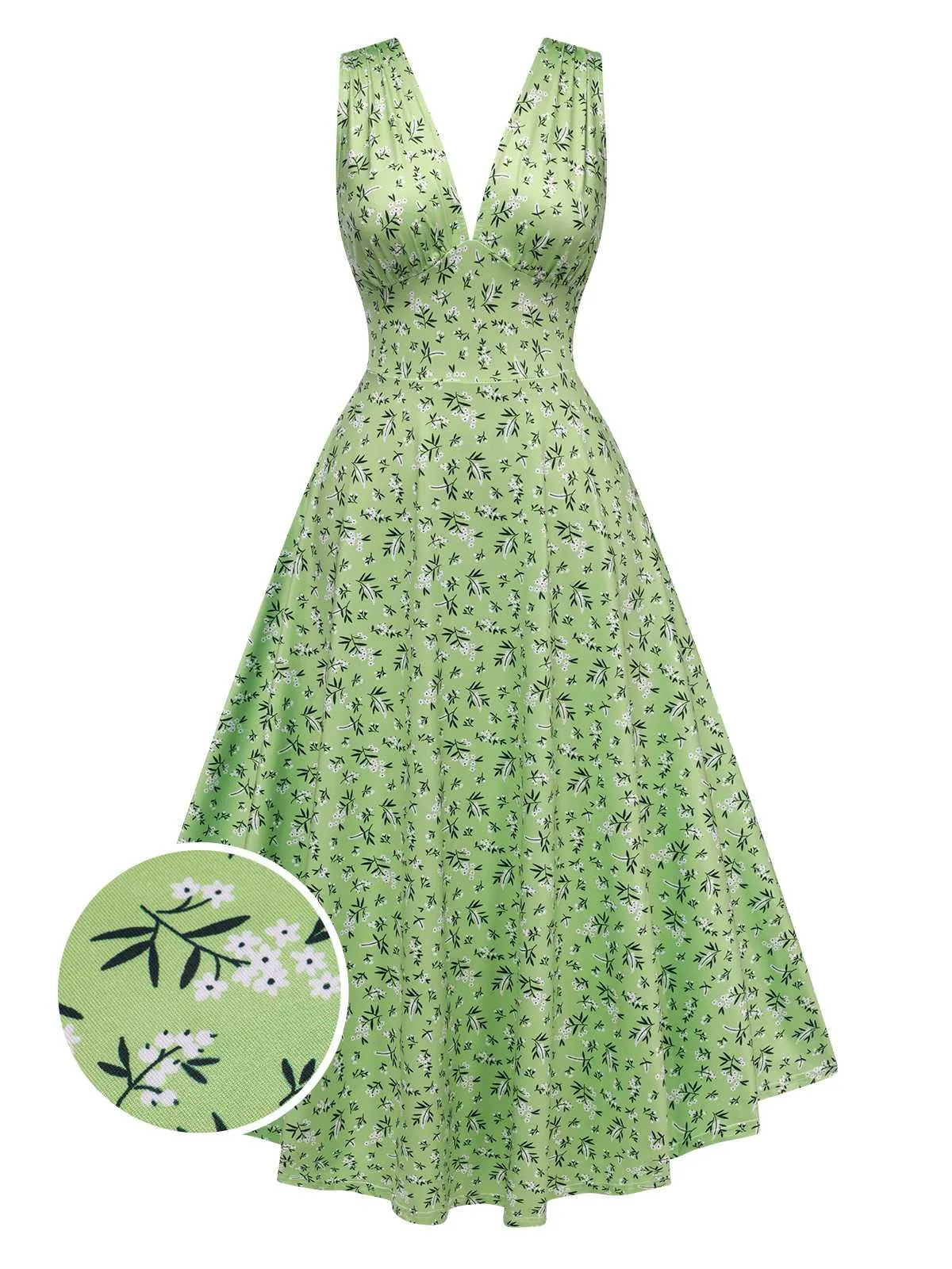 Green 1940s V-Neck Ditsy Floral Dress sold by Retro Stage