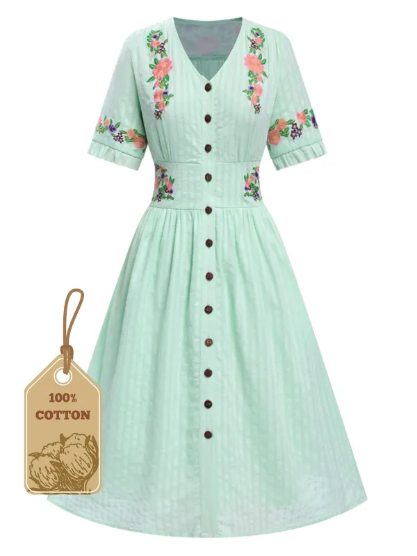Pure Cotton Mint Green 1940s V-Neck Floral Dress sold by Retro Stage