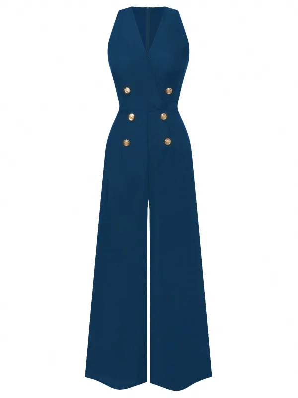 Blue 1950s Sleeveless Buttoned Solid Jumpsuit sold by Retro Stage