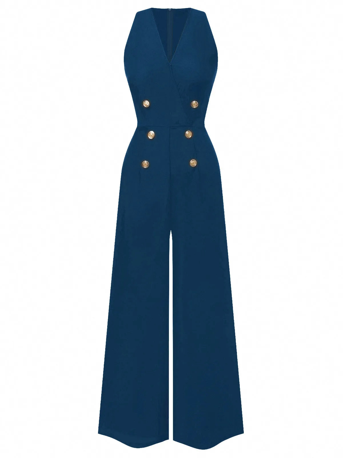 Blue 1950s Sleeveless Buttoned Solid Jumpsuit sold by Retro Stage