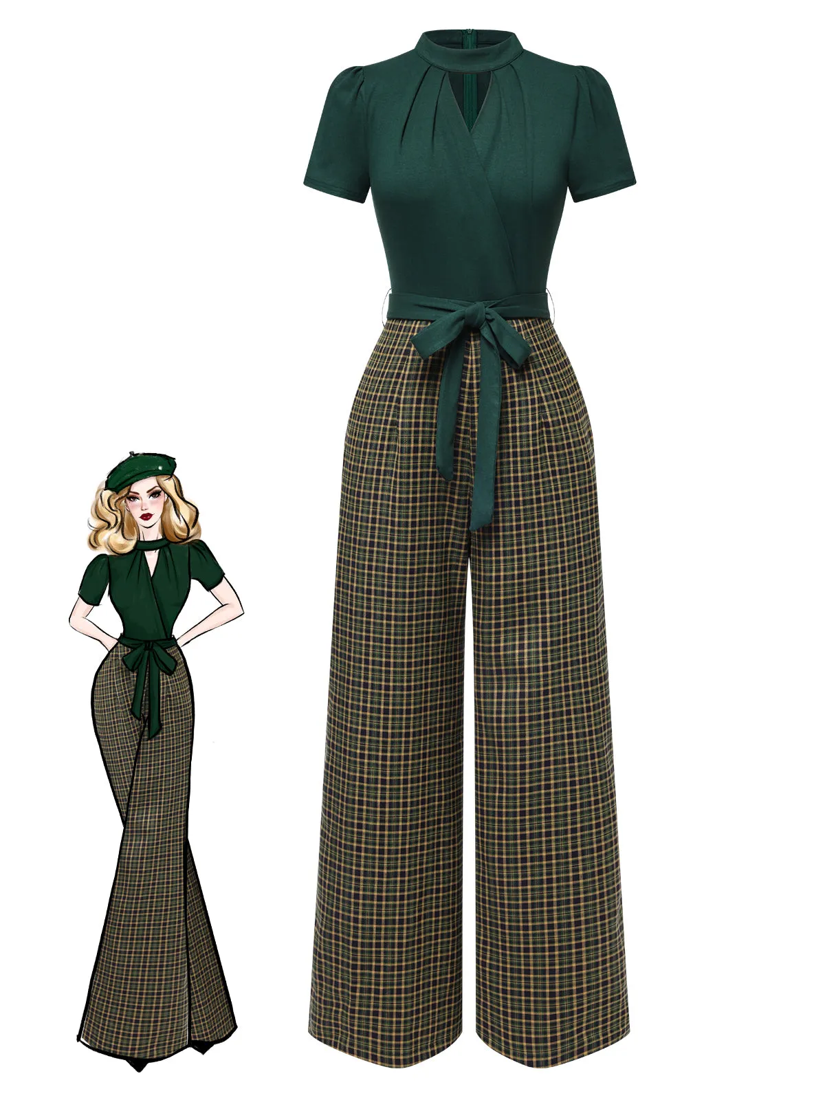 Green 1930s Plaid Keyhole Neck Belted Jumpsuit sold by Retro Stage product image thumbnail 2