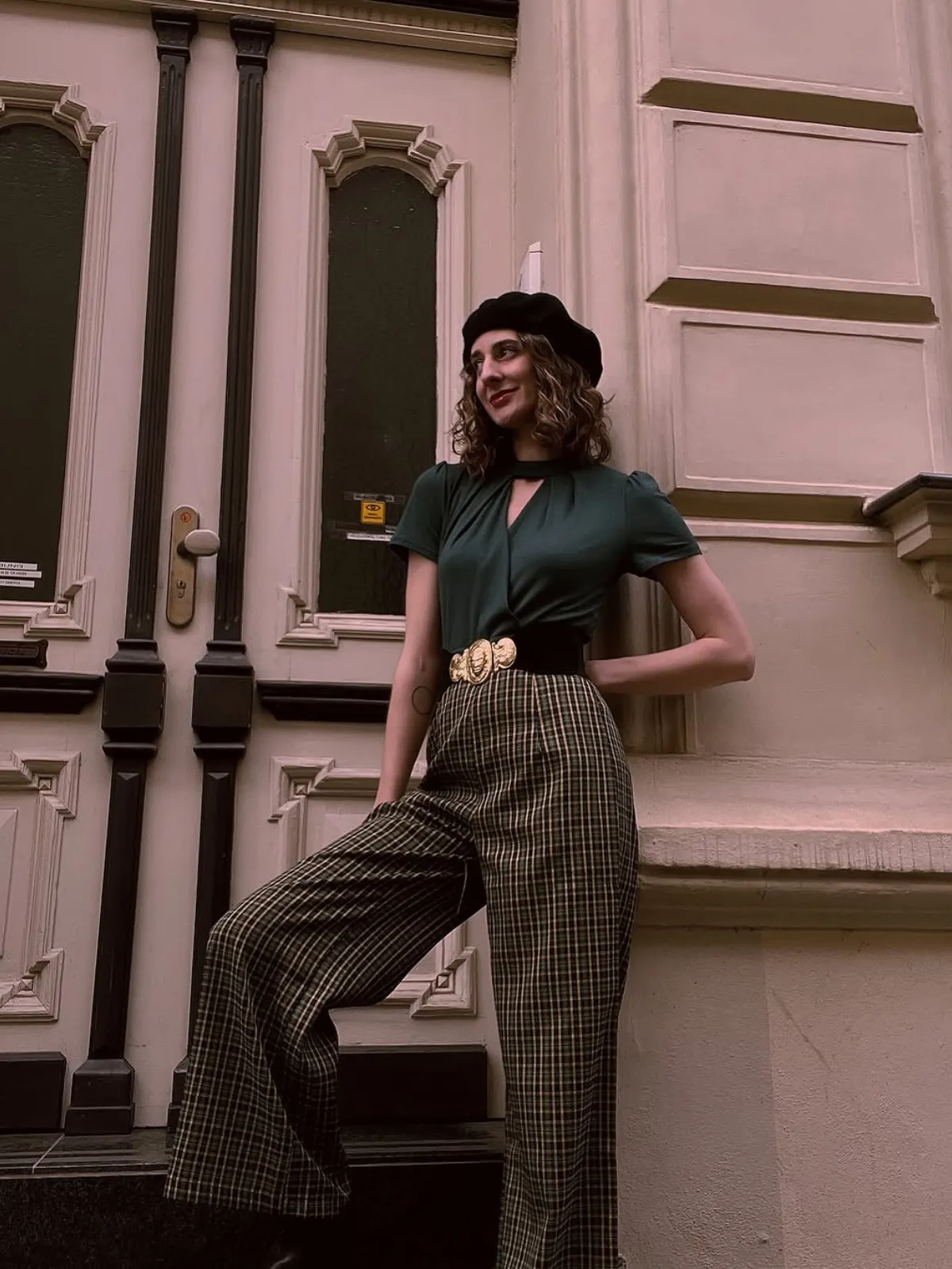 Green 1930s Plaid Keyhole Neck Belted Jumpsuit sold by Retro Stage