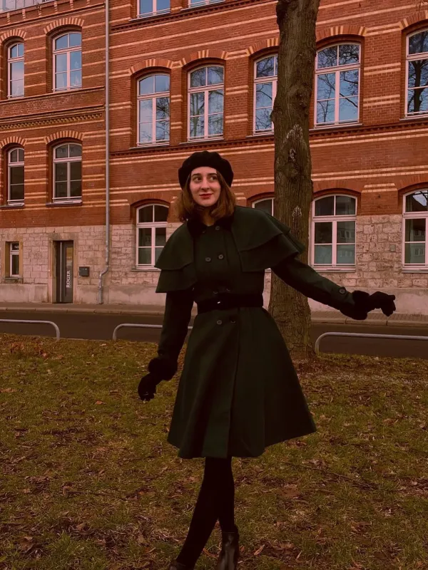 Green 1930s Double-Breasted Belted Coat With Cape sold by Retro Stage